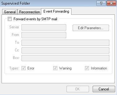 Supervised PC Folder: Event Forwarding Figure 62: Supervised Folder Event Forwarding This tab gives you the option of sending the Events you have selected, to an email address or to a group of email