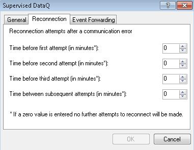 Supervised DataQ: Reconnection Figure 74: Supervised DataQ Reconnection This connection tab gives you the advanced option of configuring the amount of time that administrator should wait before