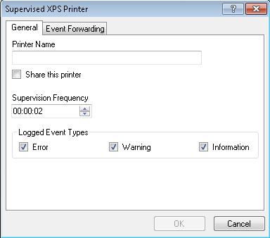 Figure 79: Supervised XPS Printer Enter the following details in the three different tabs provided in the dialog box: Printer Name: Enter the Printer Name in the text box.