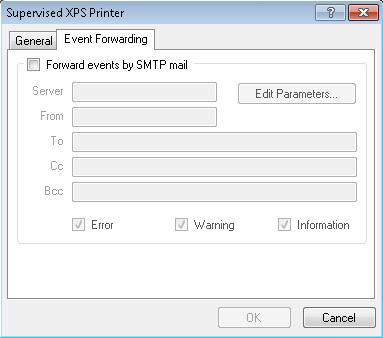 Supervised XPS Printer: Event Forwarding Figure 80: Supervised XPS Printer Event Forwarding This tab gives you the option of sending the Events you have selected, to an email address or to a group of