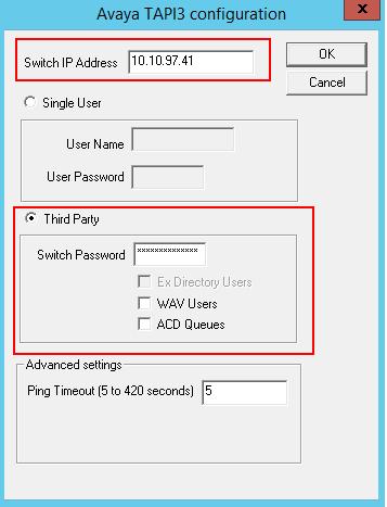 In the Avaya TAPI3 configuration screen shown below, the Switch IP Address field is populated automatically by the IP Adress of the Primary Server, which was configured earlier in this section during