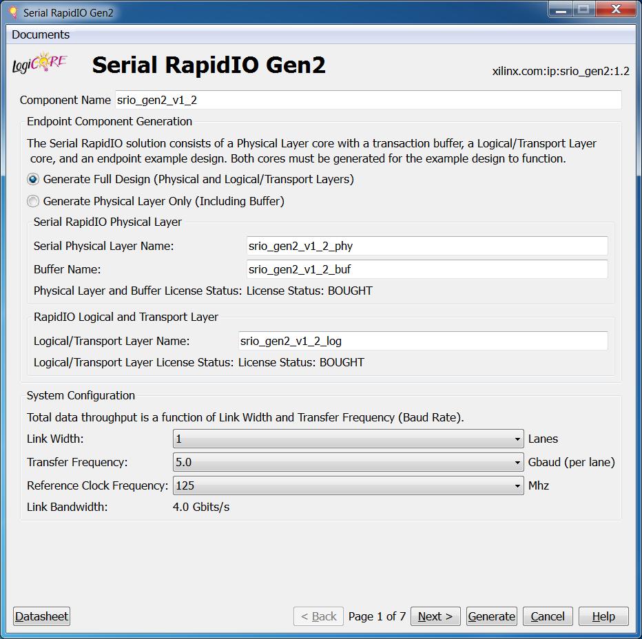 Chapter 3: Customizing and Generating the Core GUI Main Configuration Page Figure 3-1 shows the Serial RapidIO Gen2 CORE Generator software main configuration screen.
