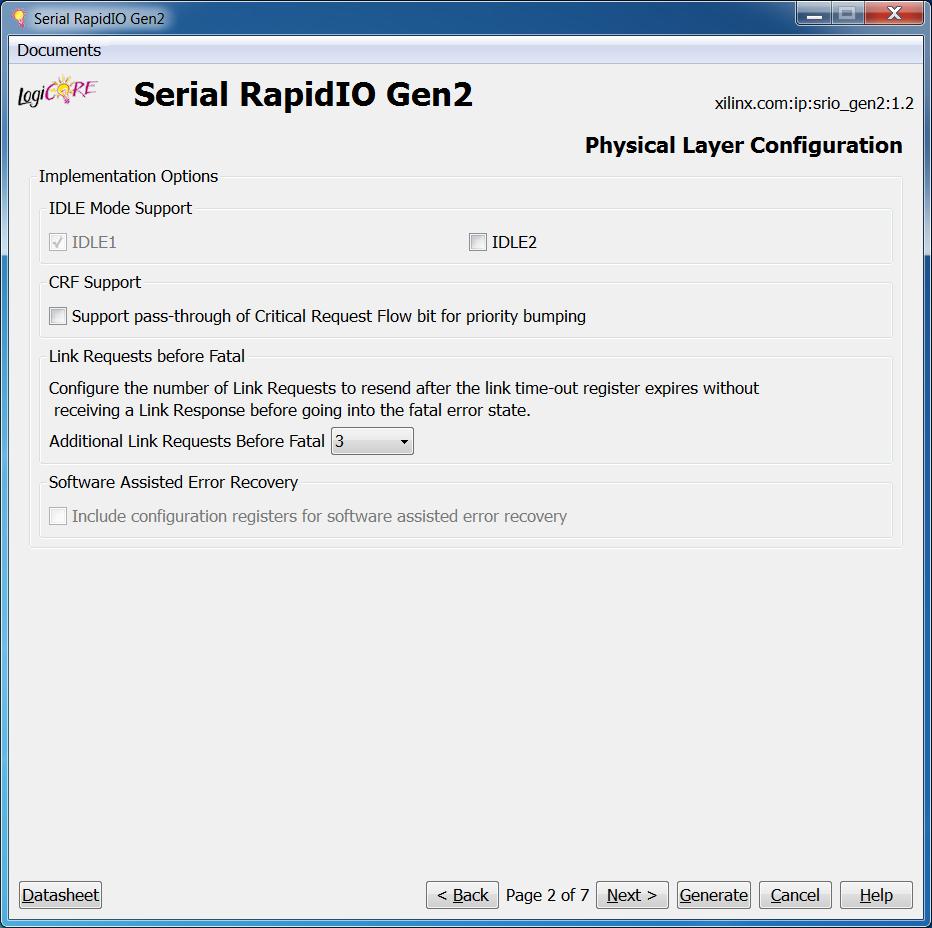 Chapter 3: Customizing and Generating the Core Physical Layer Configuration Page Figure 3-2 shows the Serial RapidIO Gen2 CORE Generator software Physical Layer configuration screen.