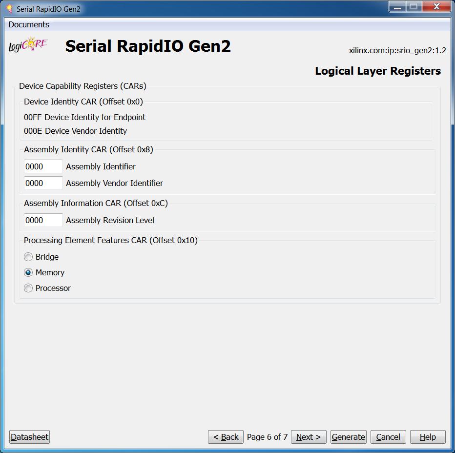 Chapter 3: Customizing and Generating the Core Logical Layer Registers Page Figure 3-6 shows the Serial RapidIO Gen2 CORE Generator software Logical Layer Registers screen.