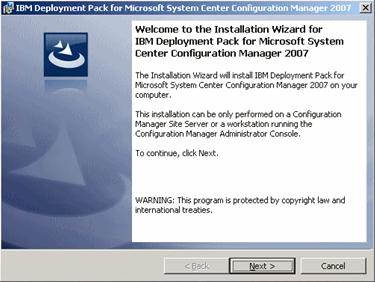 Figure 6. Installation wizard for the IBM Deployment Pack 6. Click Next to go to the License Agreement page. 7. Accept the license agreement to continue; then click Next. 8.