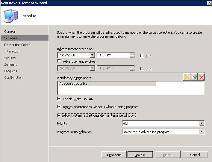 Figure 37. Scheduling the advertisement 6. On the Distribution Points panel: a. Select Access content directly from a distribution point when needed by