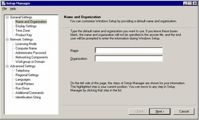The following page is displayed: Figure 57. Setup Manager: Name and Organization 10.