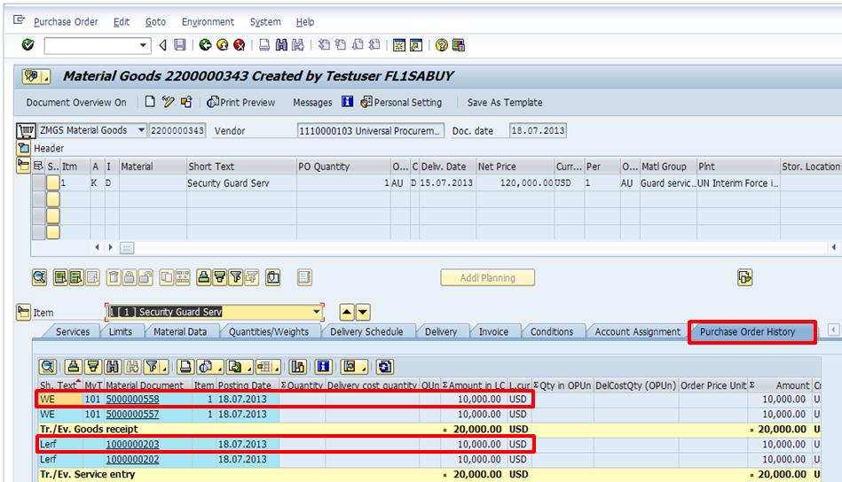Enter the T-code ME23N in the Command field. Click the Purchase Order History tab to review the receiving actions taken.