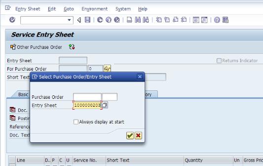 Step 3 To edit the data in the Service Entry Sheet, click the Entry Sheet menu and click Display Change.