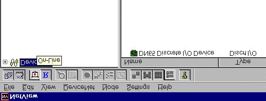 Connecting to the DN65 DeviceNetI/O Module: With NetView open, click on the On-Line icon. If NetView goes On-Line successfully, then the MS/NS 1 status LED will be flashing green.