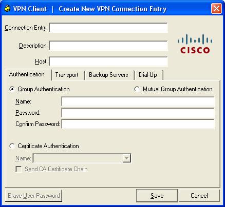 3. Configure the VPN client credentials as follows: a. Connection Entry: - SaskTel Business Connect b. Description: - Can be left blank c. Host: - BusinessConnect1.SaskTel.Net d. Authentication Tab i.