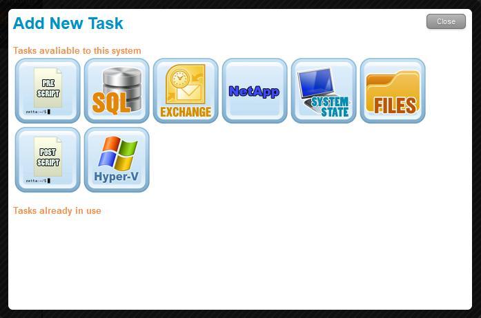 Add New Task After configuring your sync schedule you will be presented with the task management wizard where you select and configure the backup tasks you would like to be included in the system s