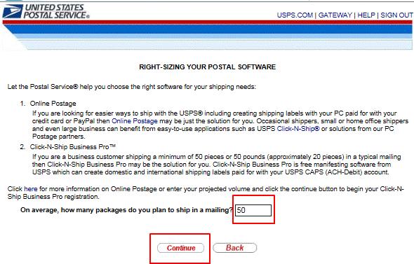 Enter the amount of packages per mailing and Click Continue as highlighted in Figure 3 below, to access the Click-N-Ship Business Pro TM