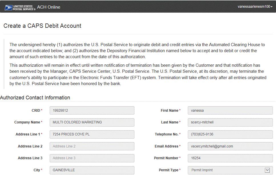 Clicking the button will lead you to the Create a CAPS Debit Account screen, prepopulated with the account information you previously provided