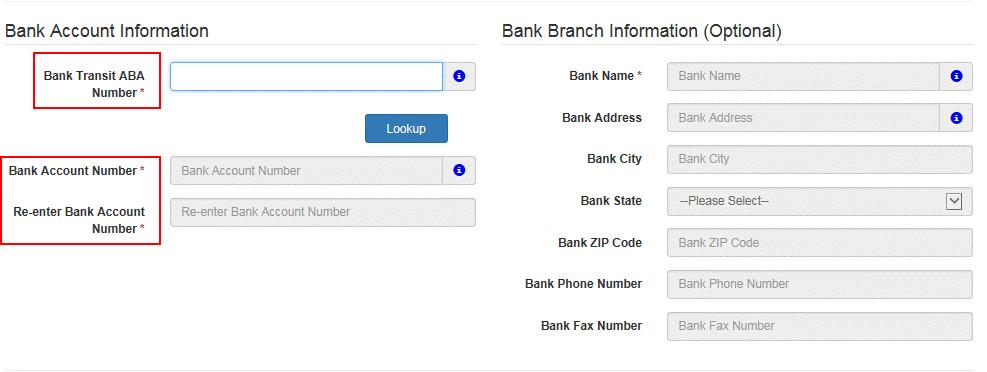 Input the Bank Transit ABA Number and Bank Account Number (twice) and agree to
