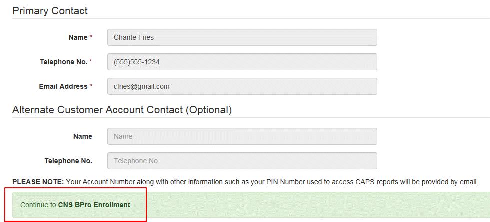 Click the Continue to CNS BPro Enrollment green bar as highlighted in figure 9 below to return to the Manage Accounts tab and download