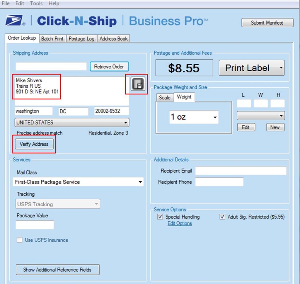 7. Click-N-Ship Business Pro TM Order Lookup Tab On the Order Lookup Tab you can print labels one label at a time.