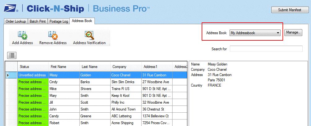 8. Click-N-Ship Business Pro TM Order Address Book Tab You can create a custom Address Book in Click-N-Ship Business Pro TM from the Address Book tab.