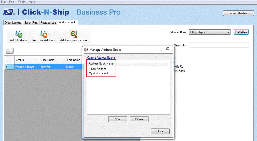 To create a custom Address Book Click Manage and the Manage Address Book pop-up will display.