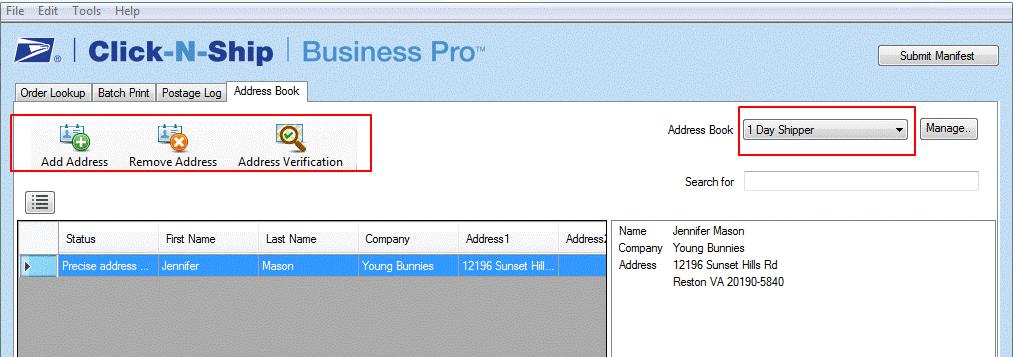 To manage an Address Book select the Address Book from the drop-down and use the Add Address, Remove Address, and Address Verification tabs above the listing