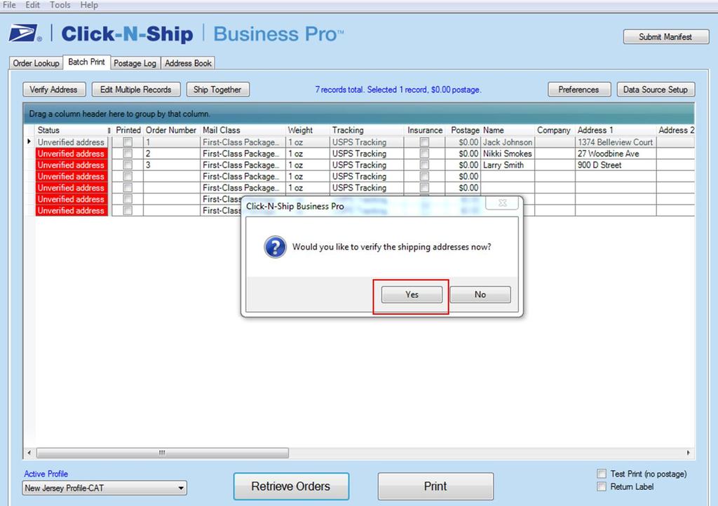 Once the Data Connections Setup is complete, select the Batch Print tab, the records from your source data table display in a grid and you are prompted to verify the shipping addresses as highlighted