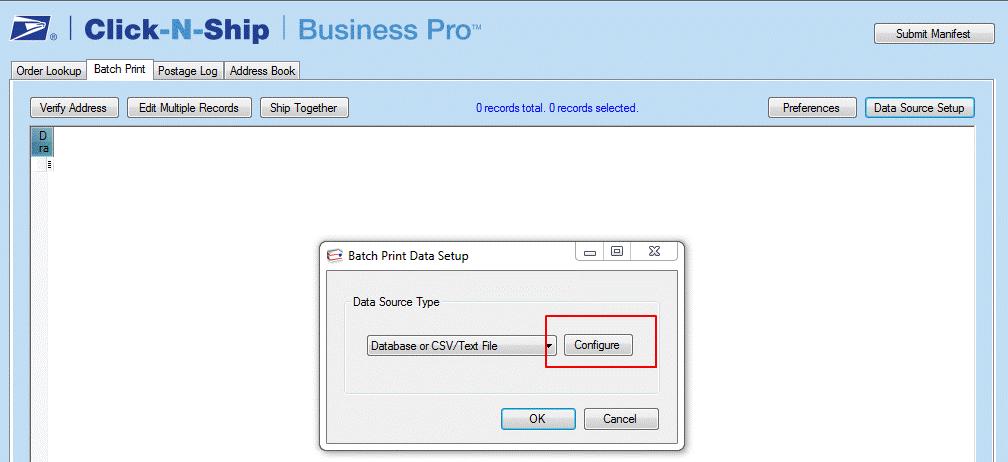 To establish a data source after your initial data source setup, Click Data Source Setup from the Batch Print Tab and the Batch Print Data Setup dialogue box will