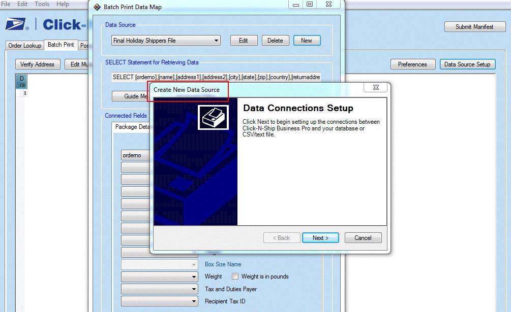 The Batch Print Data Map dialogue box will display. Click New and the Data Connections Setup dialogue box will display as highlighted in figure 24 below.