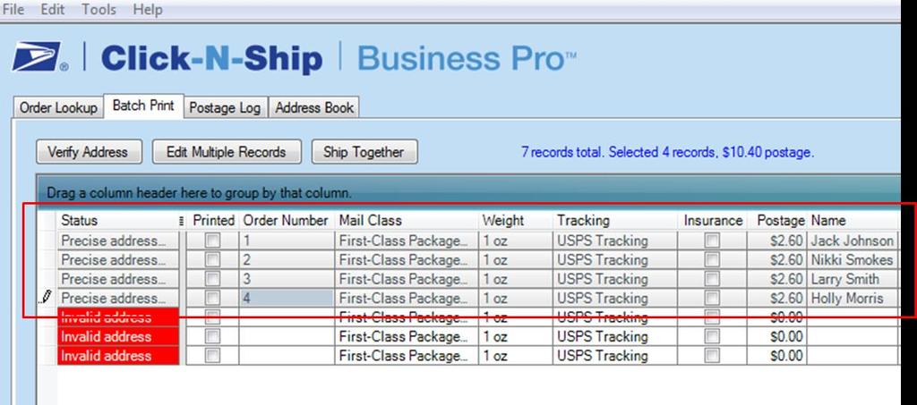 Once addresses are verified the data can be edited and shipping labels printed. To print one label, highlight that specific label and Click Print.