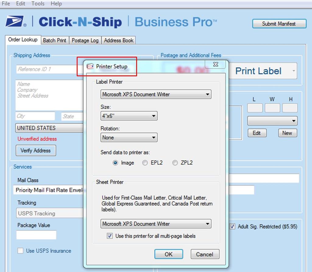 11. Printer Setup Click-N-Ship Business Pro TM supports label sizes: 4x6, 4X5, 4x4.5, 4X6.75 Doctab, and 4X8 Doctab. Most label printers are thermal printers and support Direct Thermal Labels.