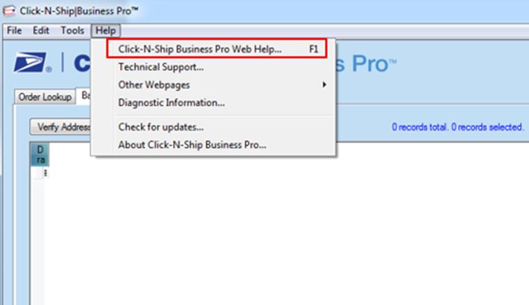 To access the online help from the tool bar, Click Help and then Click Click-N-Ship Business Pro Help