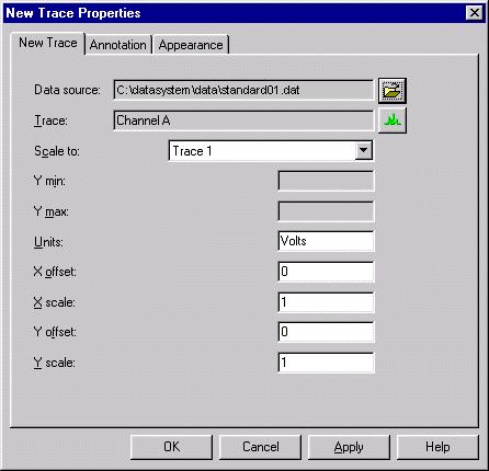 3. Select the New Trace tab. Fill in the fields to add a trace to the chromatogram window and set its properties.