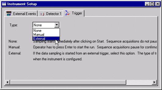 None Sampling of data starts immediately when Start is clicked. Manual User must start the data sampling. External Data sampling starts when externally triggered.