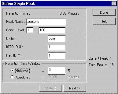 integration the chromatogram and show the baselines. 2. Click the Define Single Peak button on the Toolbar. A dialog box will appear for the first detected peak in the chromatogram.
