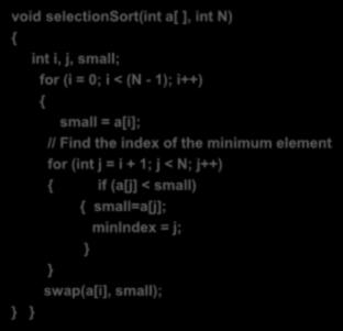 Selection sort program void selectionsort(int a[ ], int N) { int i, j, small; for (i = 0; i < (N - 1); i++) { small = a[i]; // Find the