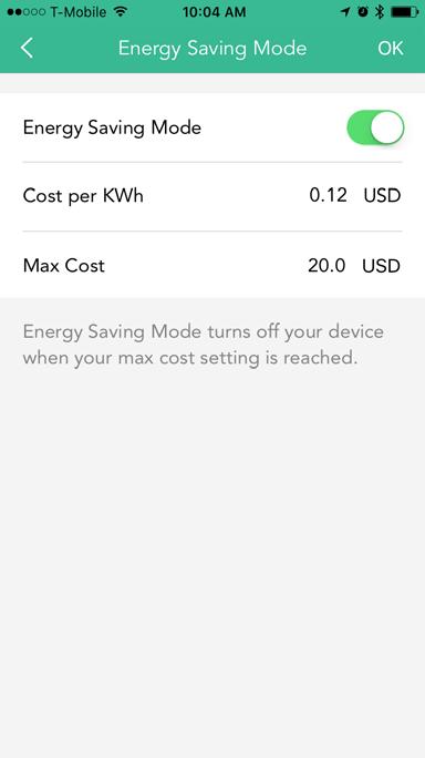 Enter your Cost per KWh and Max cost. Tap to Save when you are done.