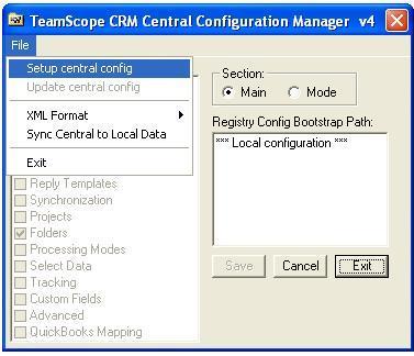 ) 3) Run the Central Config Manager tool; it is located on the Windows Start menu at Start/Programs/Teamscope/TeamScope CRM/Admin Tools/Central Config Manager.