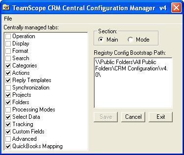 This utility allows you as an administrator to specify which parts (tabs) of the TeamScope CRM configuration are centrally controlled, and which remain under each user's local control.