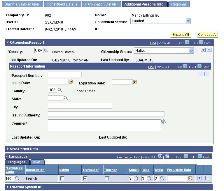 Chapter 1 Managing PeopleSoft Admission Transactions Additional Personal Info