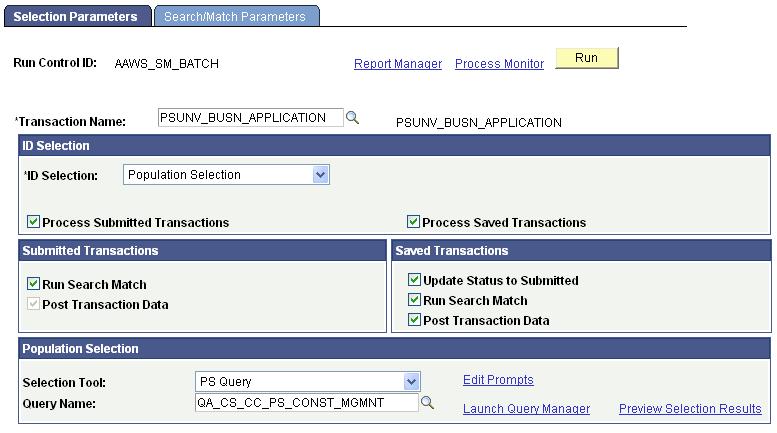 Managing PeopleSoft Admission Transactions Chapter 1 Selection Parameters page Use this functionality to process temporary constituent IDs stored inside the constituent and the transaction staging