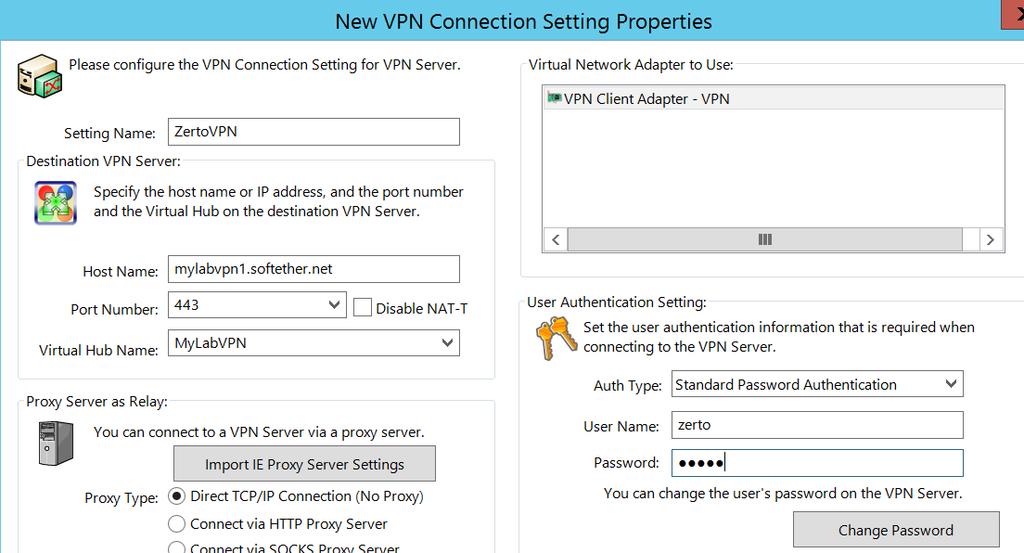 Click OK to complete the New VPN Connection Setting Properties section.