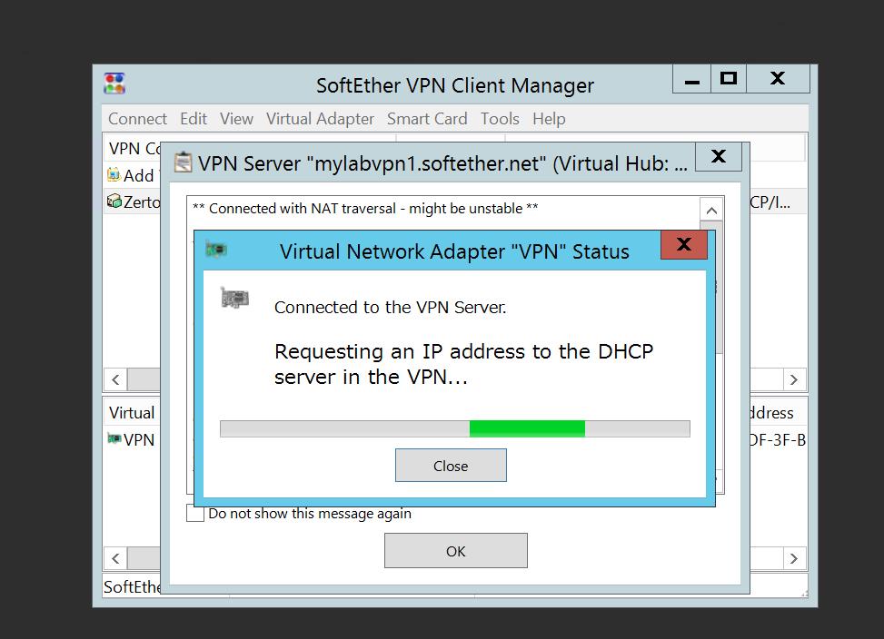 The VPN connection attempts to get an IP address via DHCP.