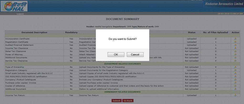 After Uploading all Mandatory documents click on Submit Button as shown in