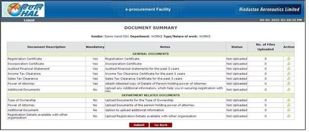 For WORKS Document Summary Screen Note: Remaining submission Process will be same.