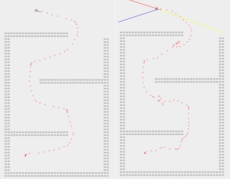 Figure 11: Result from simulating the collision avoidance system on the small map. VFH+ method is shown to the left and ND method to the right.
