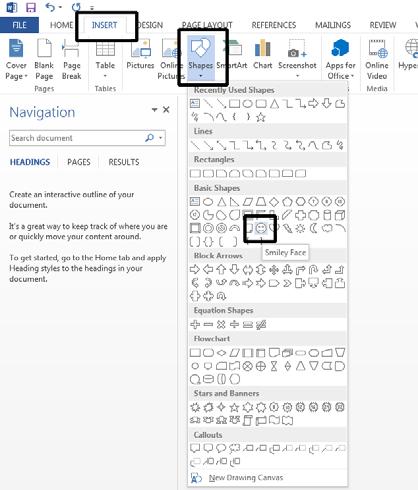 WORD 2013 FOUNDATION Page 114 We will insert a Smiley Face into our document. To do this click on the Smiley Face shape.
