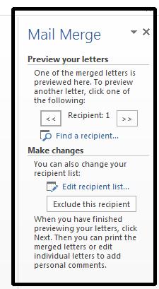 WORD 2013 FOUNDATION Page 142 Mail Merge Wizard - Step 5 of 6: Previewing your letters You will see the following