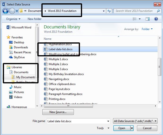 WORD 2013 FOUNDATION Page 149 Within the Word 2013 Foundation folder select a Microsoft Word document called Label data list.