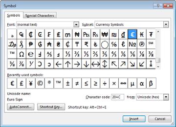 Clicking on any one of these will insert the symbol that you clicked on (at the Insertion point). Clicking on More Symbols, will display additional symbols and options, as illustrated.