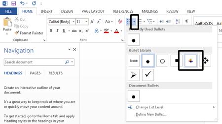WORD 2013 FOUNDATION Page 53 TIP: If you have time, click on the down arrow to the right of the bullets icon. This will display a drop down menu allowing you to use different types of bullets.