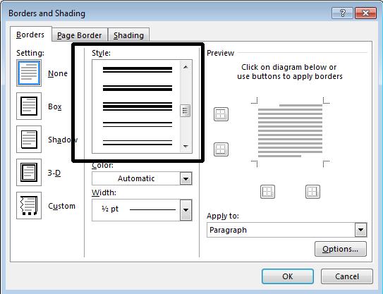 Use the Style section of the dialog to select a different border style.
